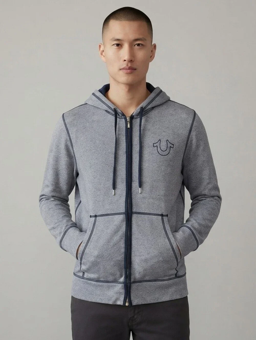 True Religion Men's Heather Gray & Navy Blue Full-Zip Hoodie XL
